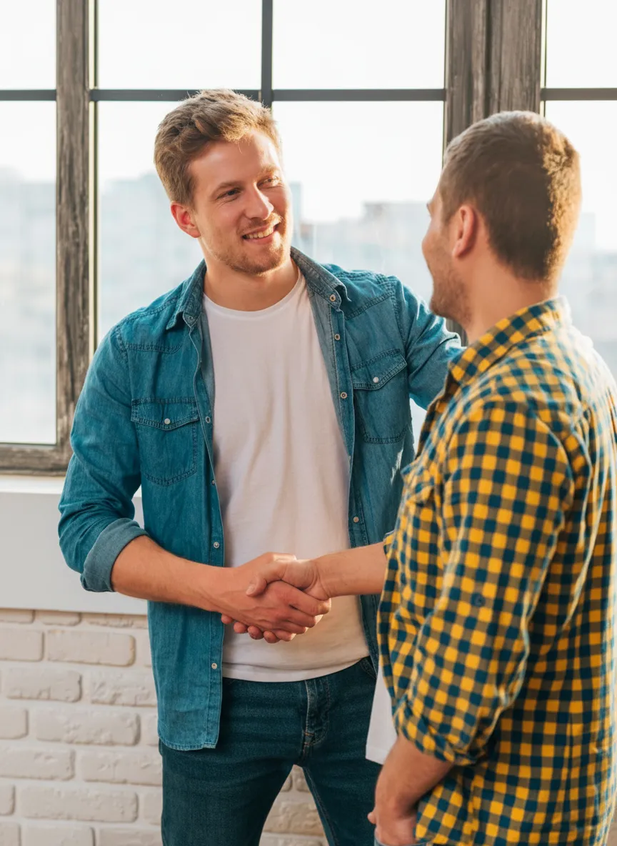 Two friends shaking hands with trust and confidence